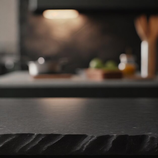 Black surface stone for food display on a blurred background Ai Generated