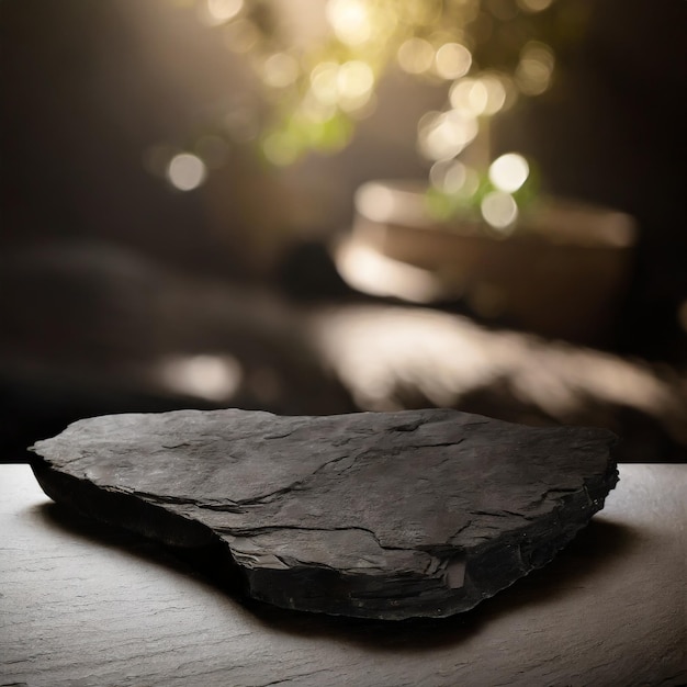 Black surface stone for product display on blurred background