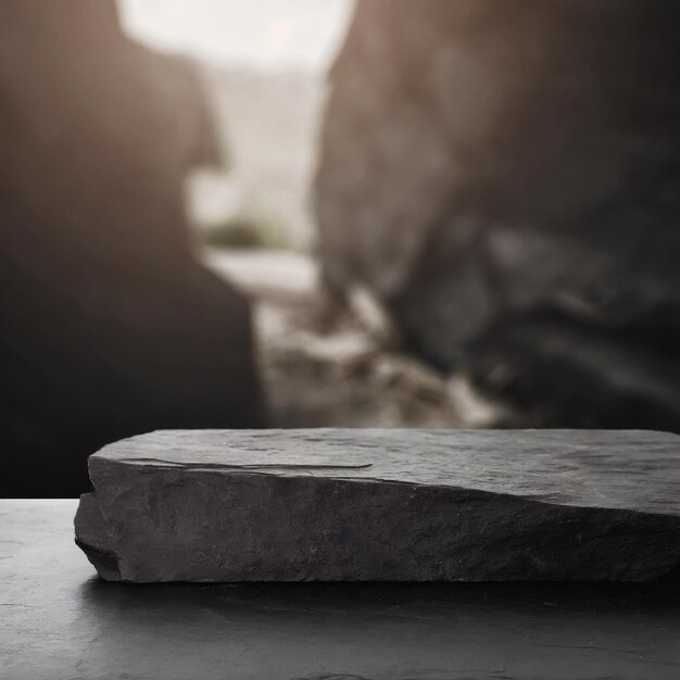 Black surface stone for product display on blurred background