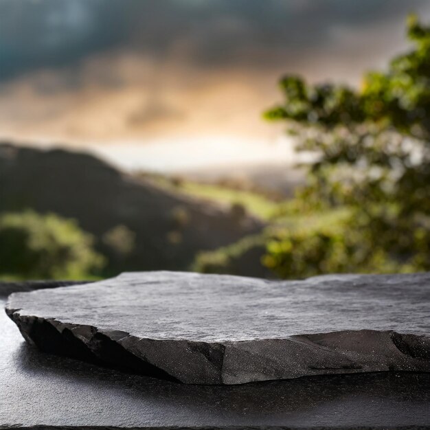 Black surface stone for product display on blurred background