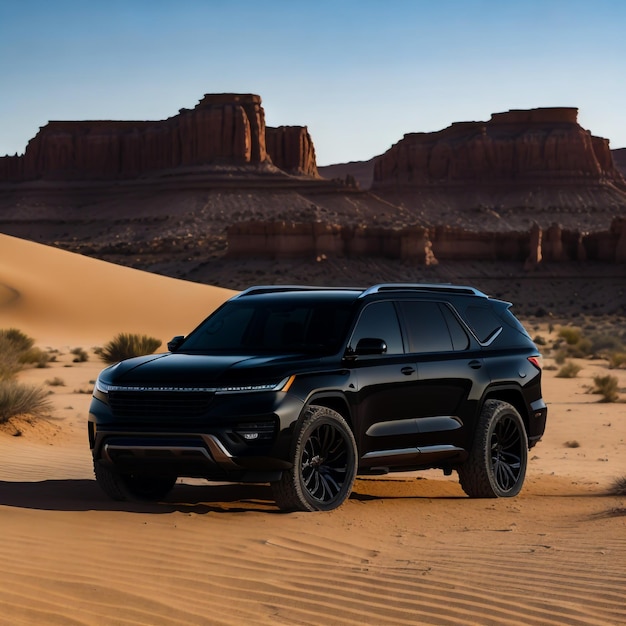 Foto un suv nero con dettagli cromati parcheggiato in un paesaggio desertico soleggiato