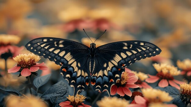 Черная ласточка на цветах Zinnia Elegans