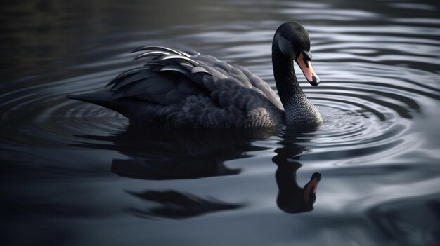 黒い白鳥が湖で泳いでおり、その後ろにライトが付いている生成AI