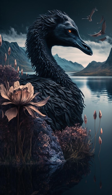 A black swan sits on a lake with a mountain in the background.