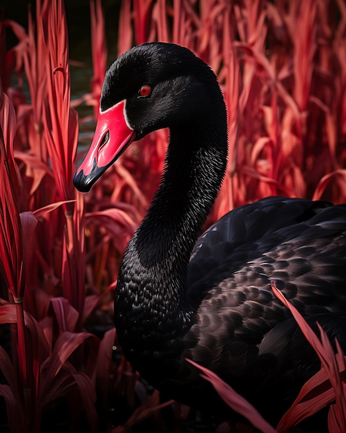 Photo black swan stands in grass