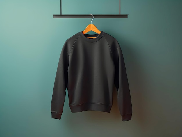Black sweatshirt hanging on a hanger on a green wall Generative AI