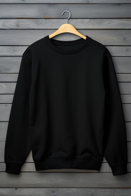 Photo black sweatshirt hanging on wooden wall with wooden hanger generative ai