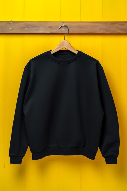 Black sweatshirt hanging on yellow wall with wooden hanger Generative AI