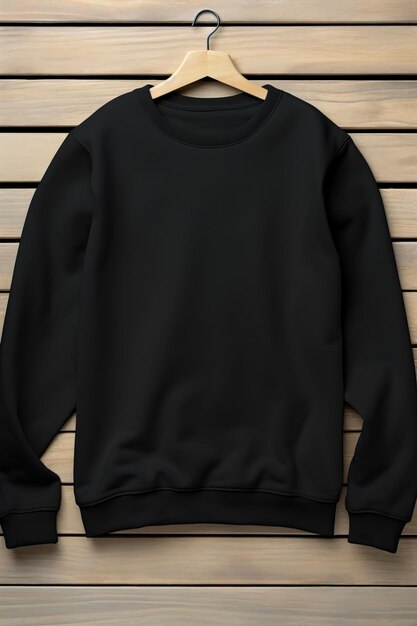 Black sweatshirt on wooden surface with wooden background Generative AI