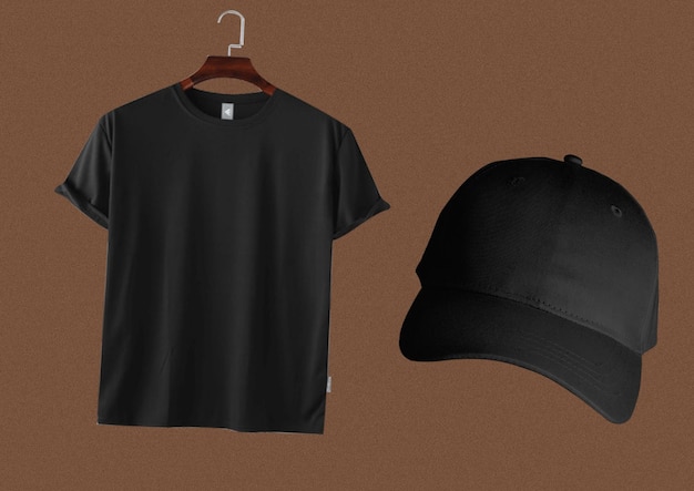 Photo black t shirt and cap mock up 2023