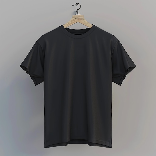 黒いTシャツがTシャツと書かれたハンガーでハンガーにぶら下がっている