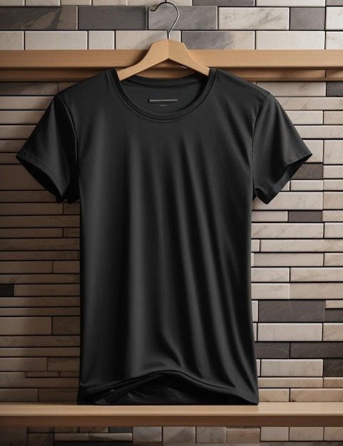 A black t shirt is hanging on a hanger with dark background