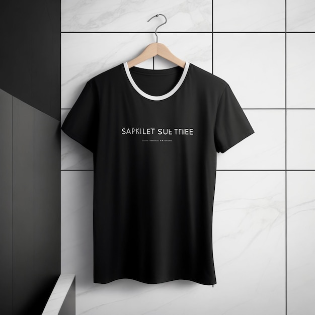 A black t shirt is hanging on a hanger with dark background