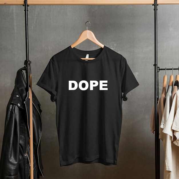 A black t shirt is hanging on a hanger with the word dope on it Businessman