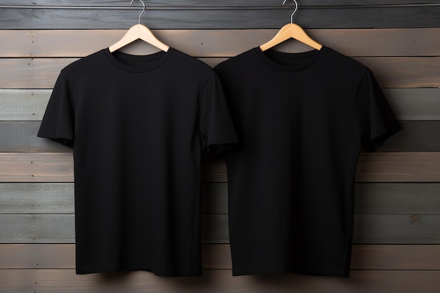 A black t shirt is hanging on a hanger