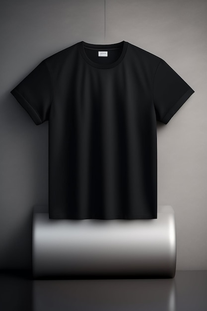 A black t - shirt is hanging on a white paper.