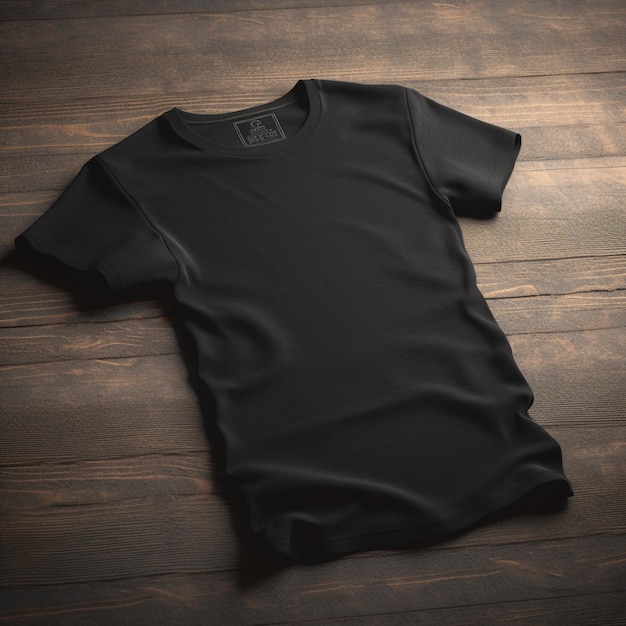 A black t - shirt is laying on a wooden floor.