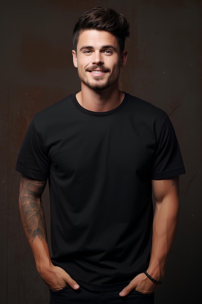 A black t shirt man wearing a shirt posing for a photo on a grey wall