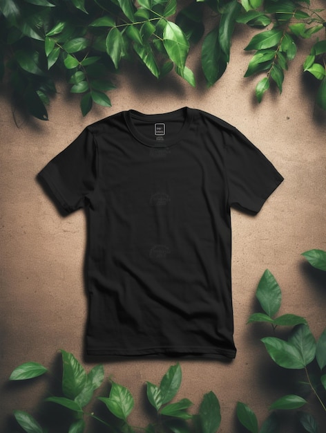 A black t - shirt with a black label sits on a concrete surface with green leaves around it.