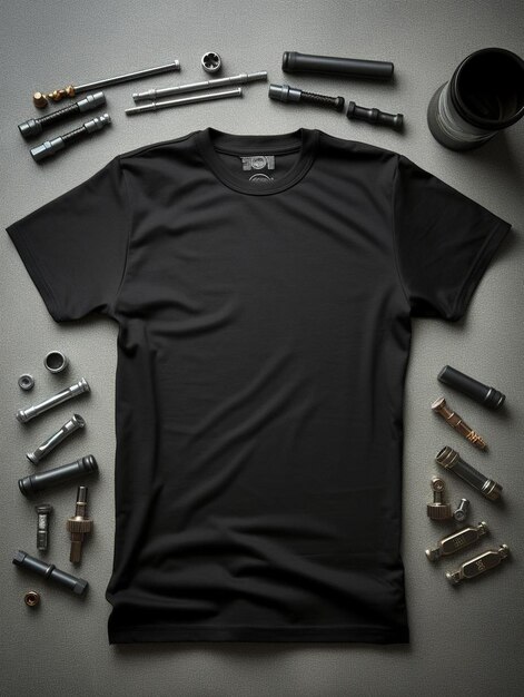 a black t - shirt with a lot of tools on it