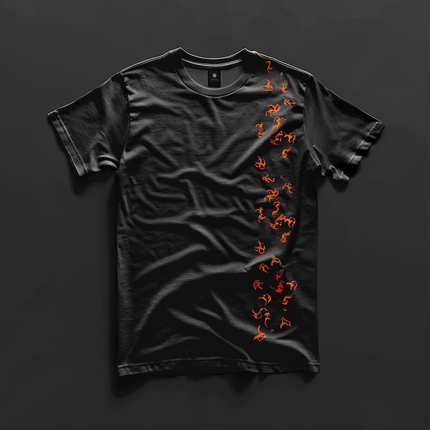 a black t shirt with orange flowers on it is on a black background