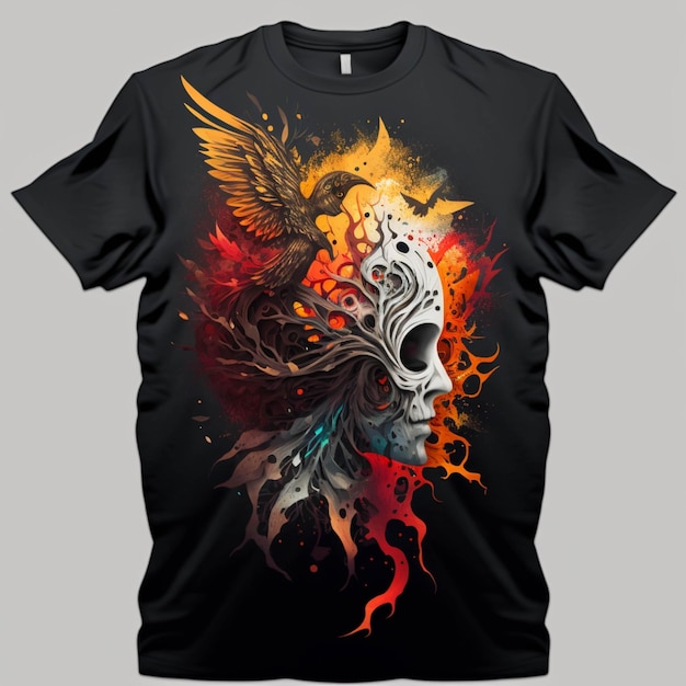 A black t shirt with a skull and a bird on it generative ai