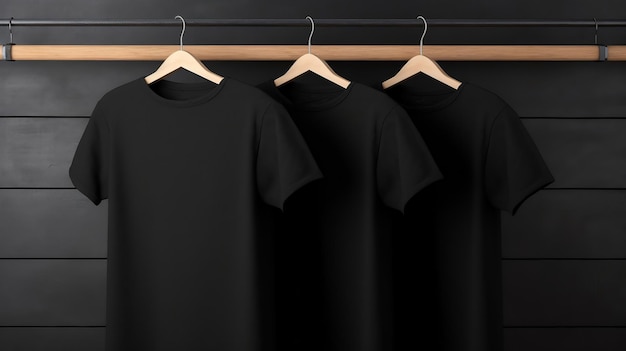 Black t shirts hanging on a hanger in front of a black wall T Shirt Mock Up