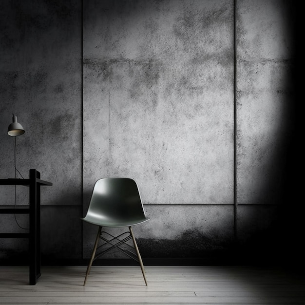 A black table and chair in a dark room with a lamp on the wall.