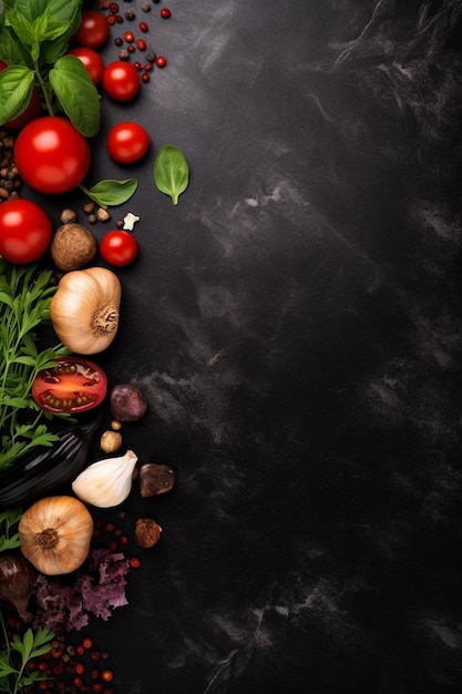 a black table topped with lots of different types of vegetables