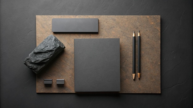 a black table with a black piece of paper and a pen on it