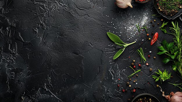 a black table with a black tablecloth and a sprig of parsley on it