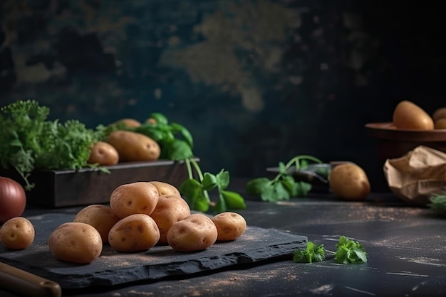 A black table with a bunch of potatoes on it