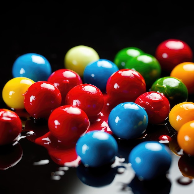 Foto un tavolo nero con caramelle colorate su di esso e uno sfondo nero.