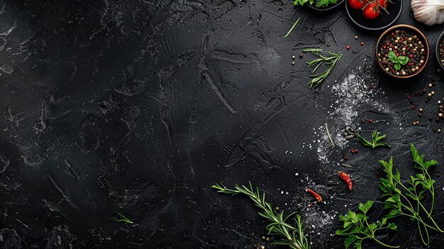 a black table with food and spices on it