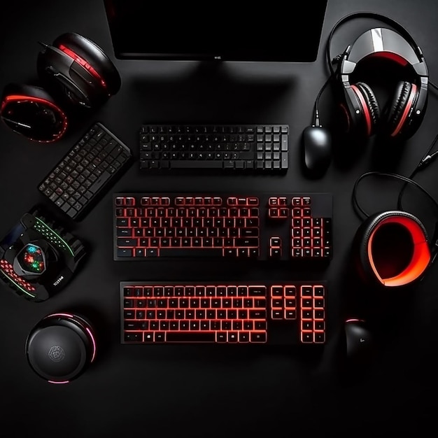 A black table with a keyboard, headset, and a monitor with a green and red headphones.