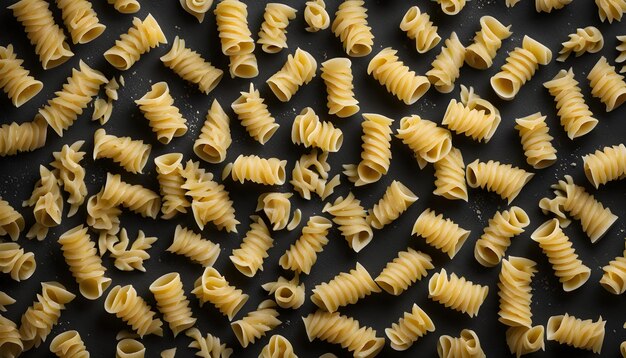 a black table with many pieces of pasta on it