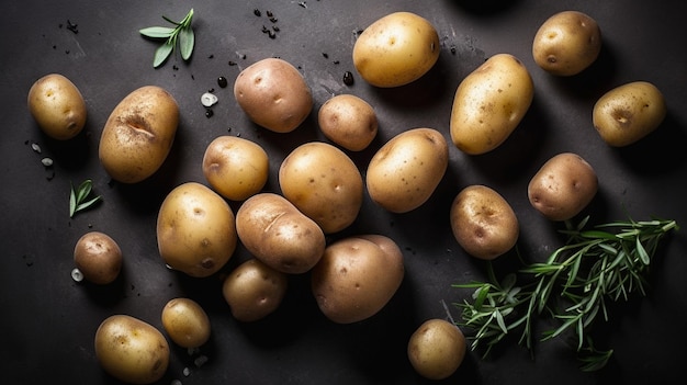 A black table with potatoes and rosemary on it