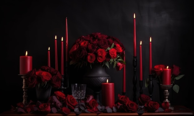 A black table with red roses and candles.