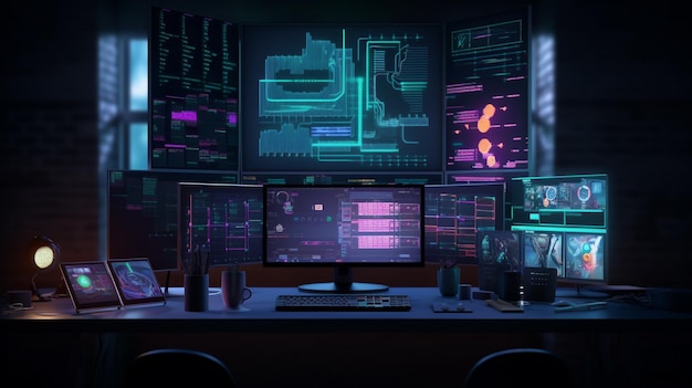 A black table with a set of monitors with the word cyber on the screen