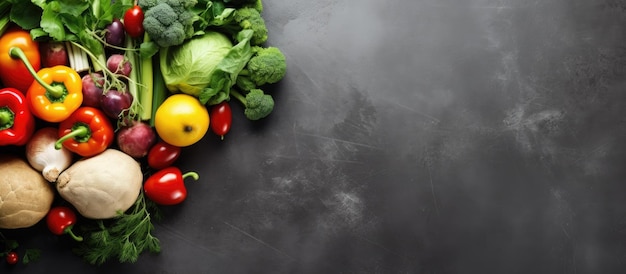 a black table with vegetables on it and a black background.