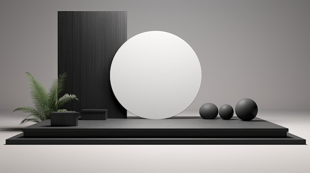 a black table with a white circle on it and a plant in the corner.