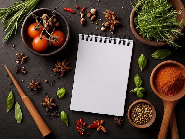 Photo a black tablet with a bunch of spices and herbs on it