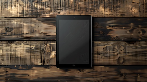 Photo black tablet on a wooden background the tablet is in the center of the image and is surrounded by a dark wood grain background