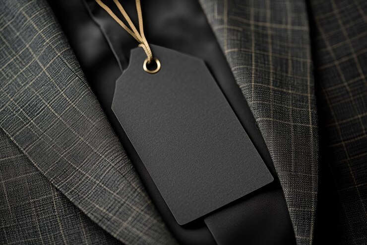 Photo black tag mockup on a black suit
