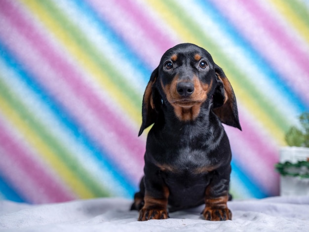 虹の背景に座っている黒と黄褐色のかわいいダックスフンド子犬