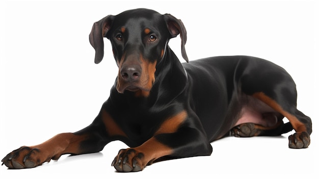 A black and tan doberman dog laying on a white background.