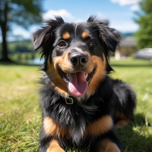 A black and tan dog sitting in the grass