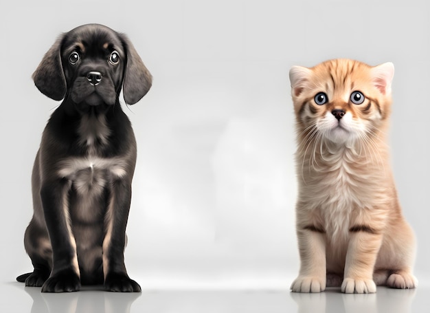 A black and tan puppy and a tan kitten are standing next to each other.