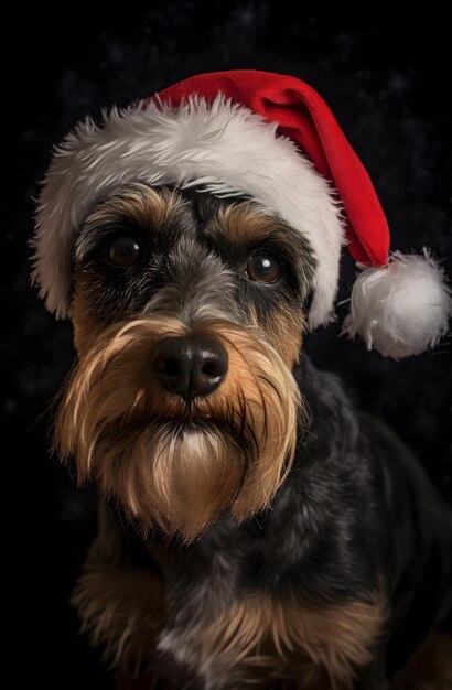 Black and tan terrier wearing a santa hat