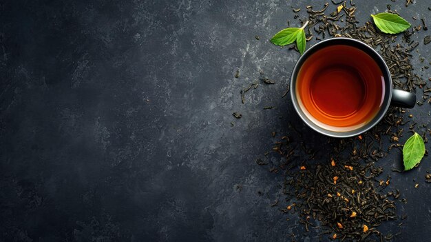 Photo black tea advertisment background with copy space